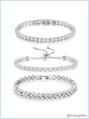 3 Pc Silver Tone CZ Tennis Bracelets Set for Women Wedding Jewelry